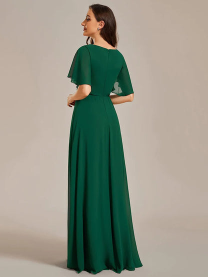 Wholesa Elegant Chiffon Applique Evening Dress with Flutter Sleeves