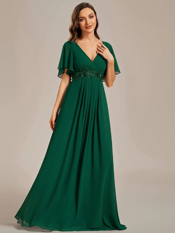 Wholesa Elegant Chiffon Applique Evening Dress with Flutter Sleeves