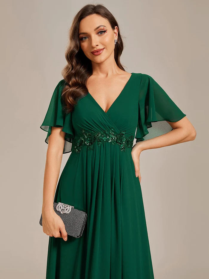 Wholesa Elegant Chiffon Applique Evening Dress with Flutter Sleeves