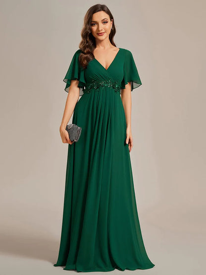 Wholesa Elegant Chiffon Applique Evening Dress with Flutter Sleeves