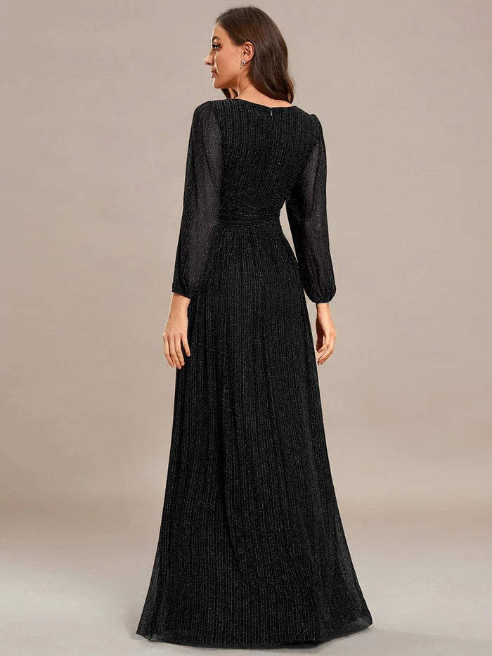 Wholesa Sparkle Long Sleeve Formal Evening Dress with A-line Silhouette