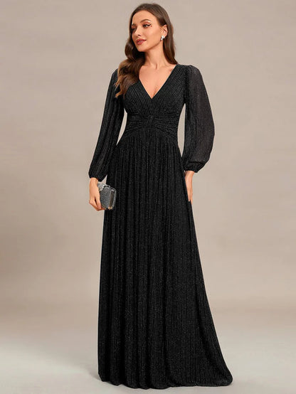 Wholesa Sparkle Long Sleeve Formal Evening Dress with A-line Silhouette