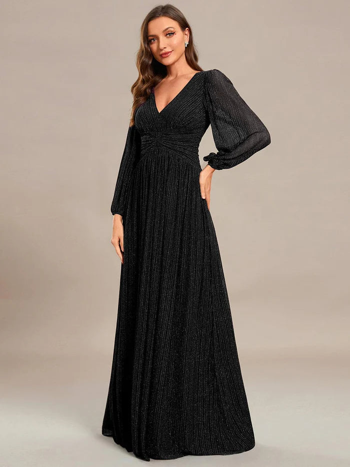 Wholesa Sparkle Long Sleeve Formal Evening Dress with A-line Silhouette