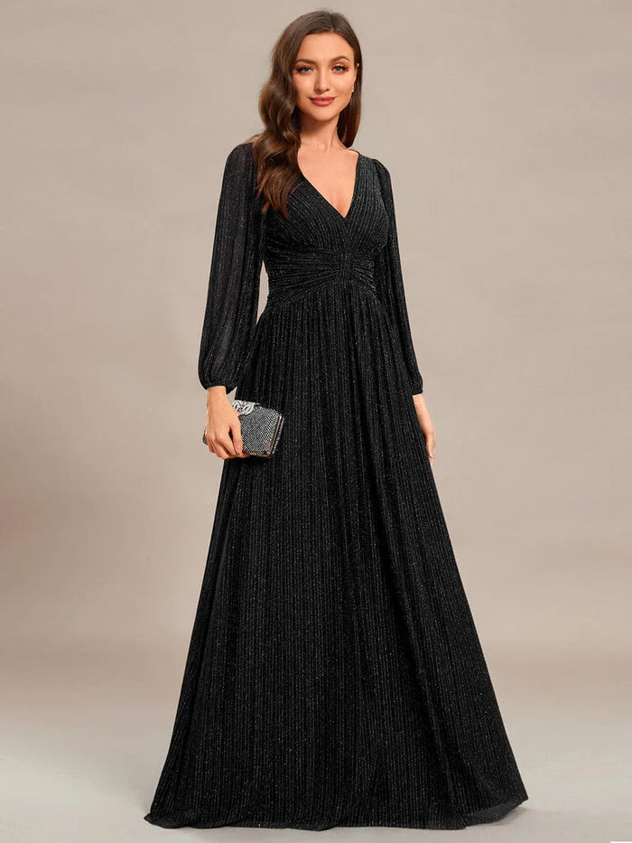 Wholesa Sparkle Long Sleeve Formal Evening Dress with A-line Silhouette