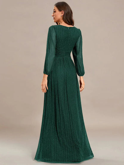 Wholesa Sparkle Long Sleeve Formal Evening Dress with A-line Silhouette