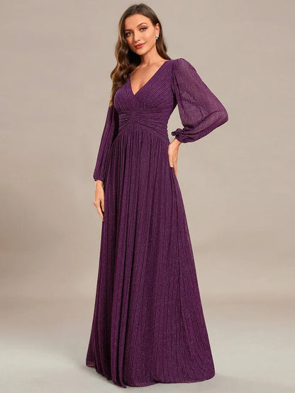 Wholesa Sparkle Long Sleeve Formal Evening Dress with A-line Silhouette