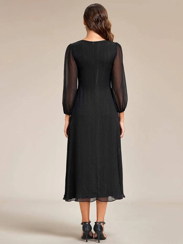 Wholesa Shimmering Long Sleeve V-Neck Chiffon Twist Knot A-Line Evening Dress