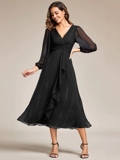 Wholesa Shimmering Long Sleeve V-Neck Chiffon Twist Knot A-Line Evening Dress