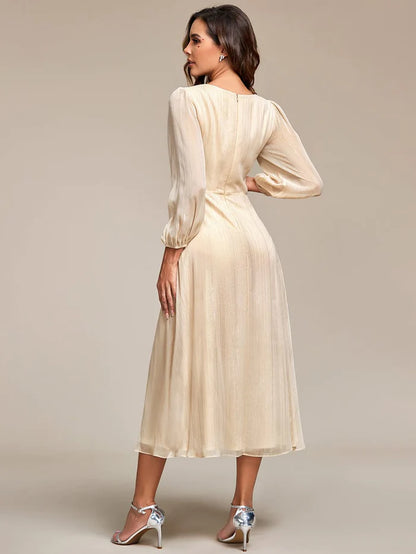 Wholesa Shimmering Long Sleeve V-Neck Chiffon Twist Knot A-Line Evening Dress