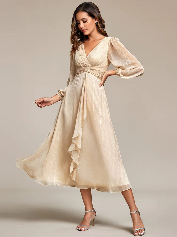 Wholesa Shimmering Long Sleeve V-Neck Chiffon Twist Knot A-Line Evening Dress