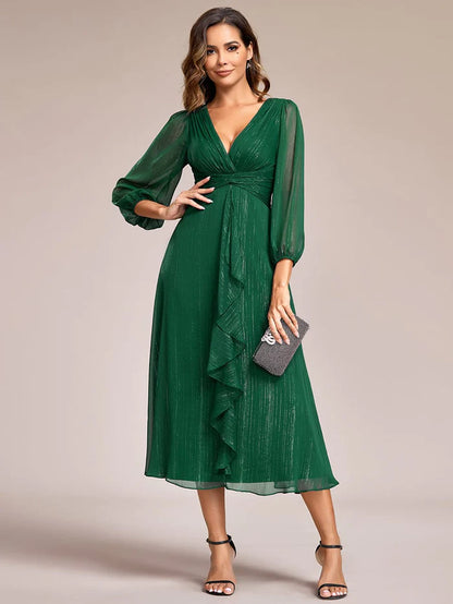 Wholesa Shimmering Long Sleeve V-Neck Chiffon Twist Knot A-Line Evening Dress