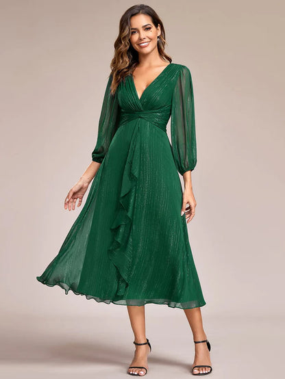 Wholesa Shimmering Long Sleeve V-Neck Chiffon Twist Knot A-Line Evening Dress