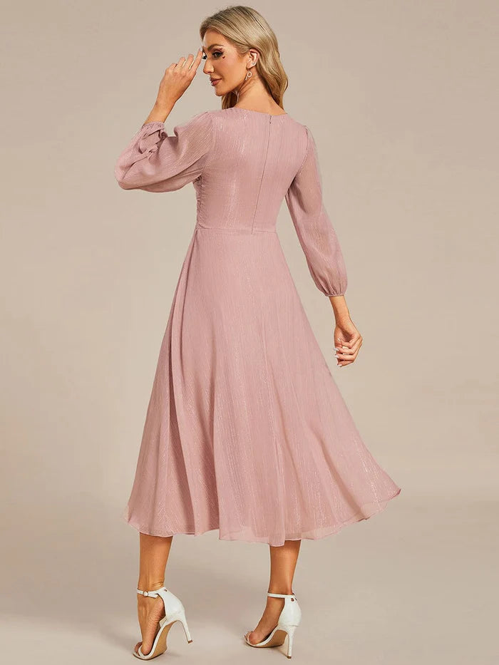 Wholesa Shimmering Long Sleeve V-Neck Chiffon Twist Knot A-Line Evening Dress