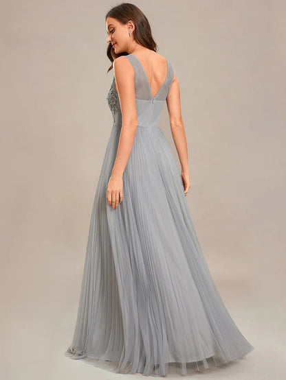 Wholesa Elegant V-Neck Floor-Length A-Line Tulle Evening Dress