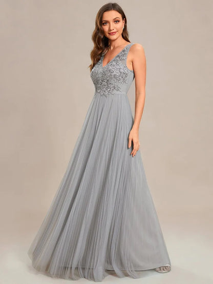 Wholesa Elegant V-Neck Floor-Length A-Line Tulle Evening Dress