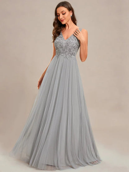 Wholesa Elegant V-Neck Floor-Length A-Line Tulle Evening Dress