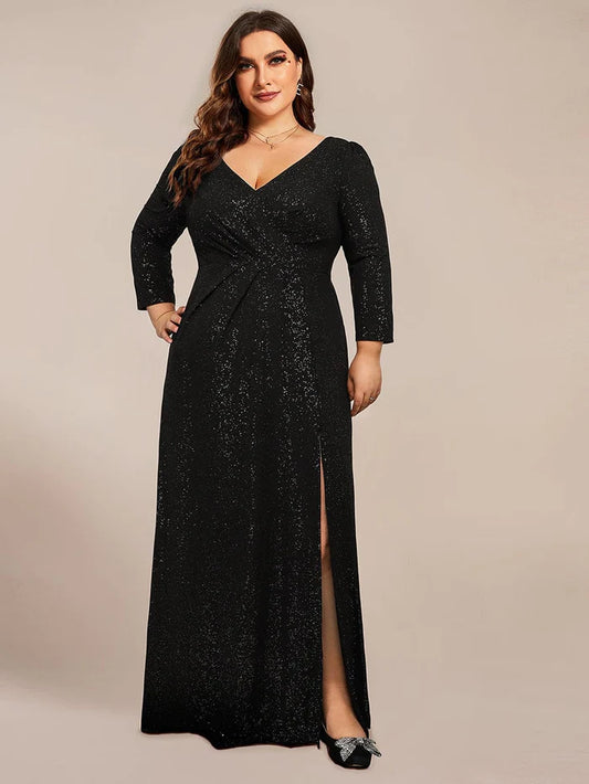 Wholesa Plus Size Long Sleeve V-Neck Glitter High Slit Evening Dress