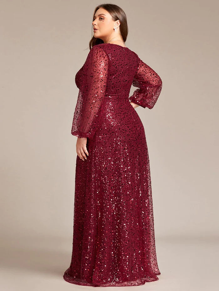 Wholesa V-Neck Lantern Long Sleeve Sequin A-Line Evening Dress