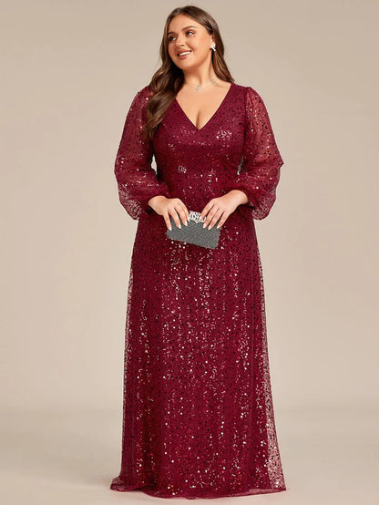 Wholesa Shimmering All Over V-Neck Long Lantern Sleeve Sequin A-Line Evening Dress