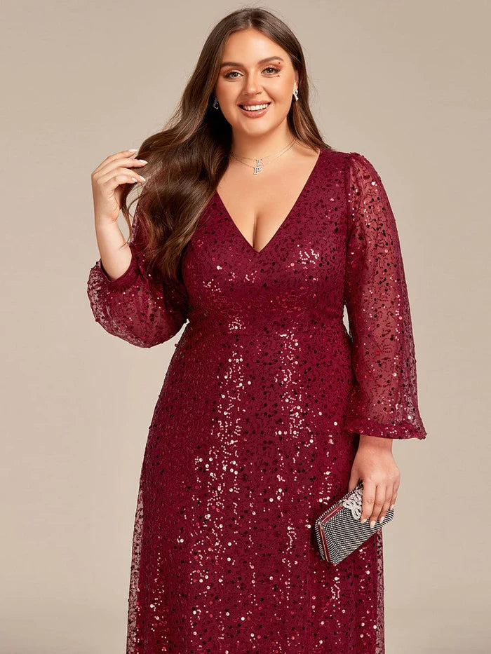 Wholesa Shimmering All Over V-Neck Long Lantern Sleeve Sequin A-Line Evening Dress