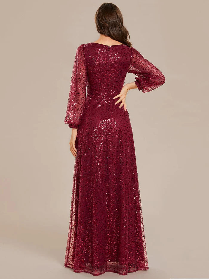 Wholesa Shimmering All Over V-Neck Long Lantern Sleeve Sequin A-Line Evening Dress