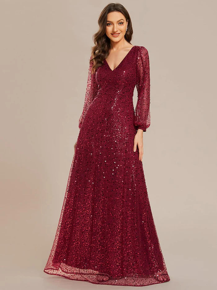 Wholesa V-Neck Lantern Long Sleeve Sequin A-Line Evening Dress