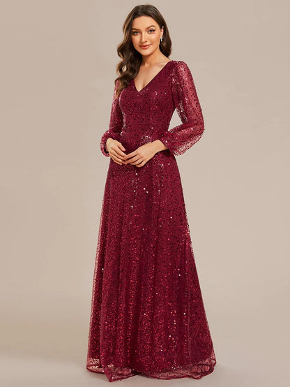 Wholesa V-Neck Lantern Long Sleeve Sequin A-Line Evening Dress