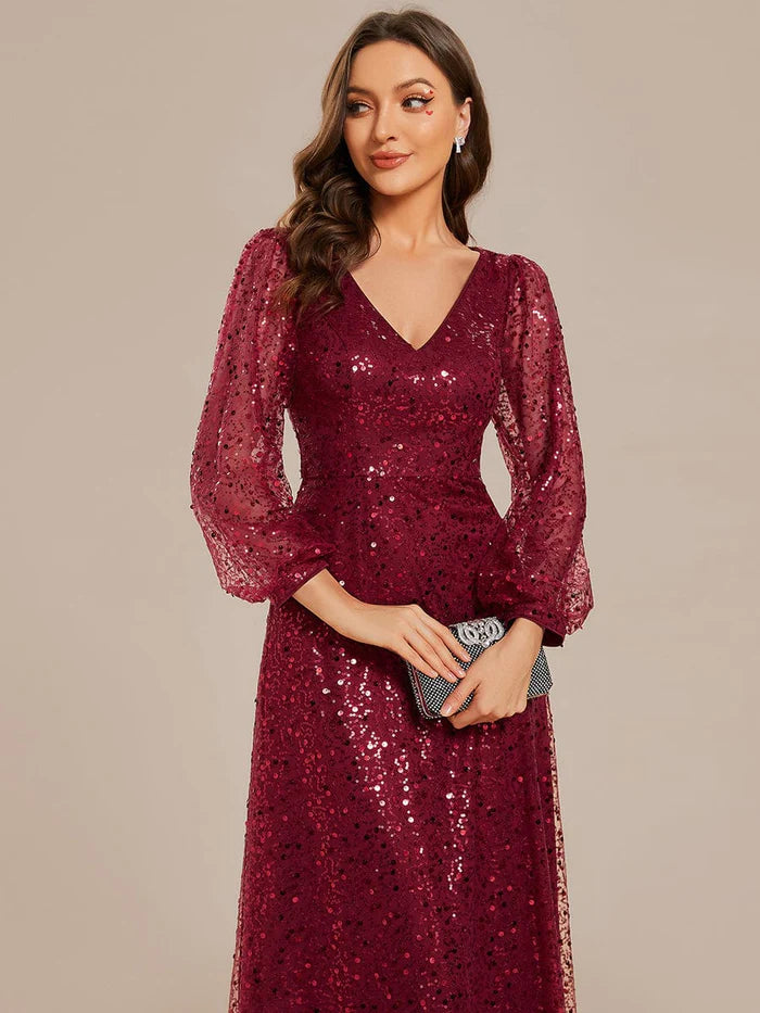 Wholesa V-Neck Lantern Long Sleeve Sequin A-Line Evening Dress