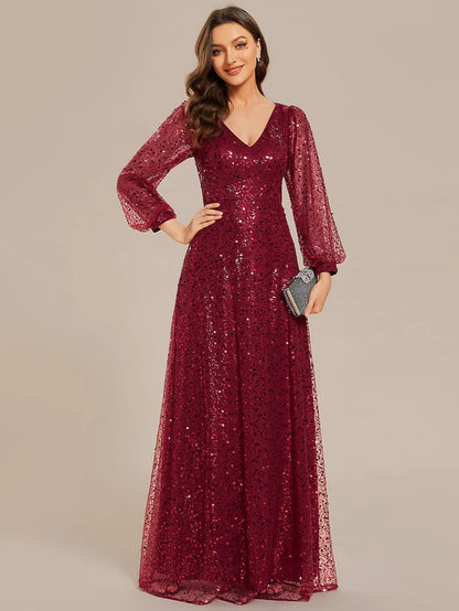 Wholesa Shimmering All Over V-Neck Long Lantern Sleeve Sequin A-Line Evening Dress