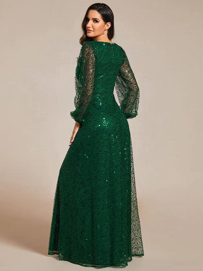 Wholesa Shimmering All Over V-Neck Long Lantern Sleeve Sequin A-Line Evening Dress