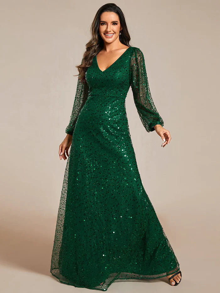 Wholesa Shimmering All Over V-Neck Long Lantern Sleeve Sequin A-Line Evening Dress