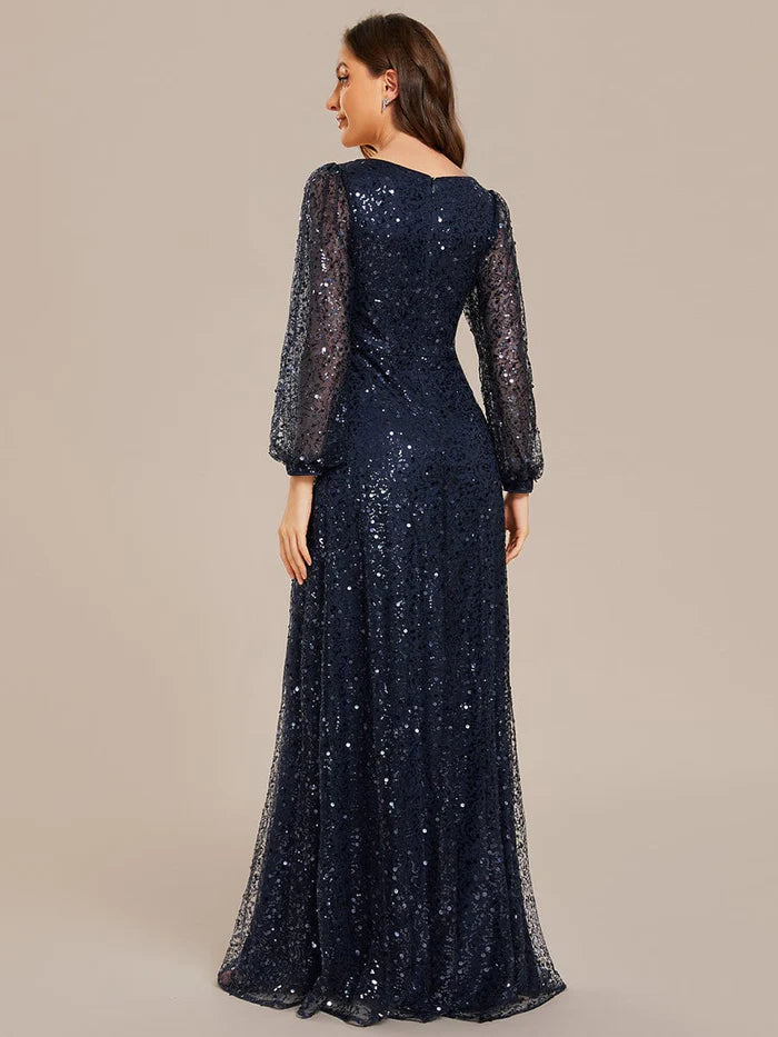 Wholesa Shimmering All Over V-Neck Long Lantern Sleeve Sequin A-Line Evening Dress