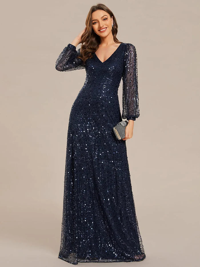 Wholesa Shimmering All Over V-Neck Long Lantern Sleeve Sequin A-Line Evening Dress