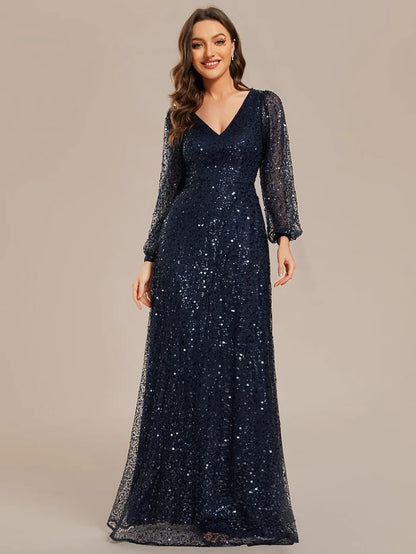 Wholesa V-Neck Lantern Long Sleeve Sequin A-Line Evening Dress