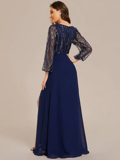 Wholesa Sequin Long Sleeves A-Line V-Neck Floor-Length Evening Dress