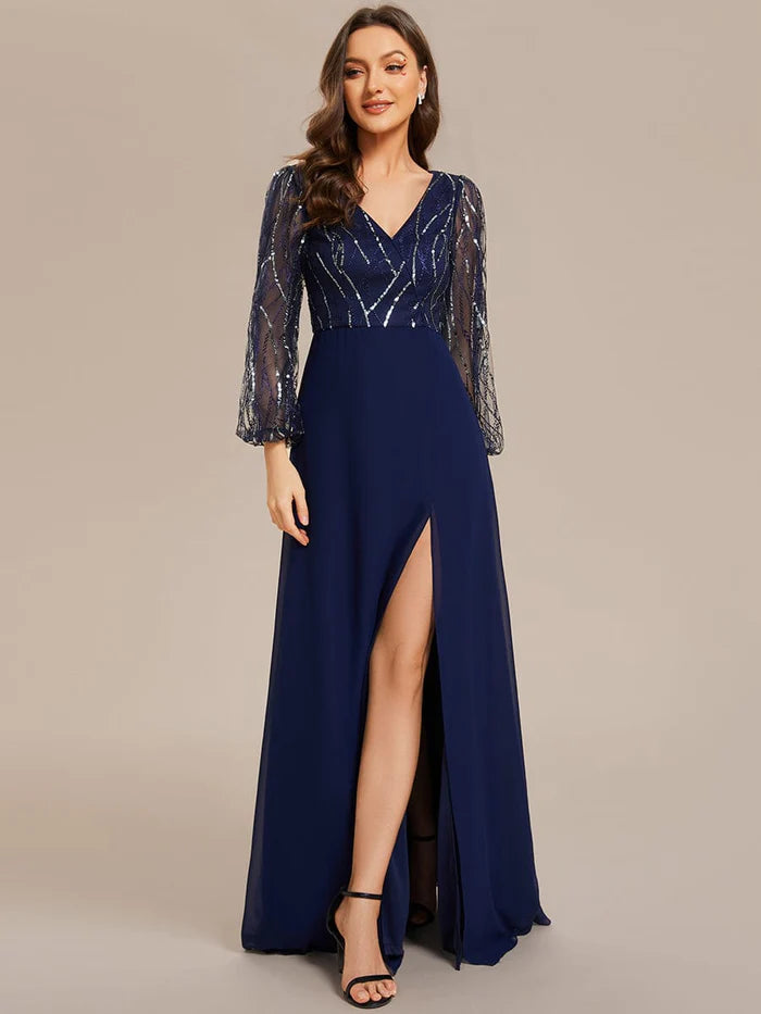 Wholesa Sequin Long Sleeves A-Line V-Neck Floor-Length Evening Dress