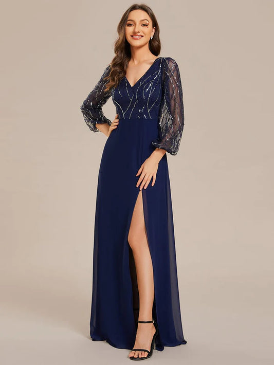 Wholesa Sequin Long Sleeves A-Line V-Neck Floor-Length Evening Dress