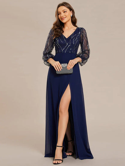 Wholesa Sequin Long Sleeves A-Line V-Neck Floor-Length Evening Dress