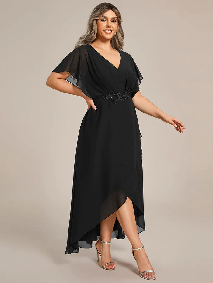 Wholesa Plus Size V-Neck Chiffon Bat-Wing Sleeve A-Line Waist Applique Formal Dress