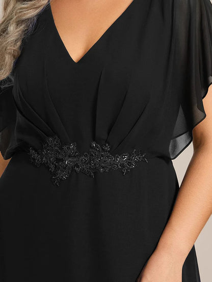 Wholesa Plus Size V-Neck Chiffon Bat-Wing Sleeve A-Line Waist Applique Formal Dress