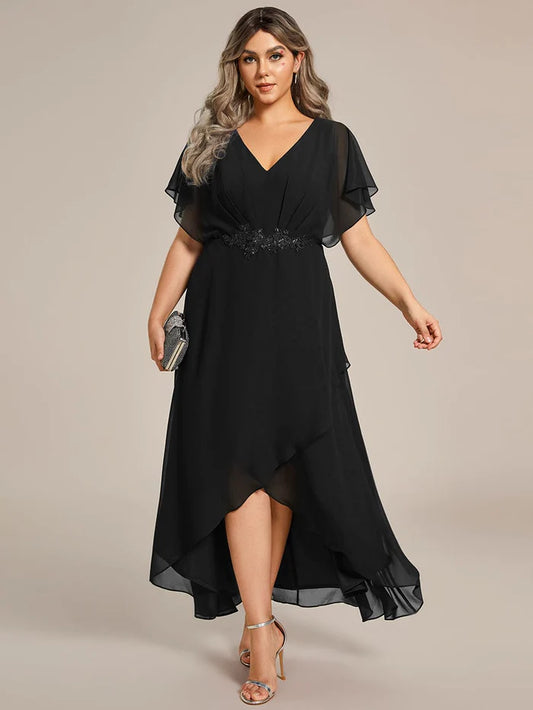 Wholesa Plus Size V-Neck Chiffon Bat-Wing Sleeve A-Line Waist Applique Formal Dress