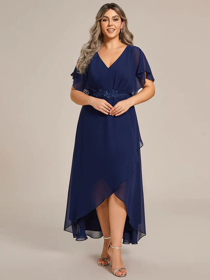 Wholesa Plus Size V-Neck Chiffon Bat-Wing Sleeve A-Line Waist Applique Formal Dress