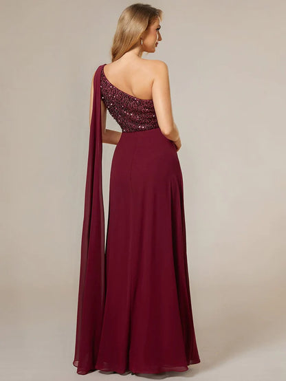 Wholesa Sleeveless Chiffon A-Line Shinny Sequin Bodice One Shoulder Evening Dress