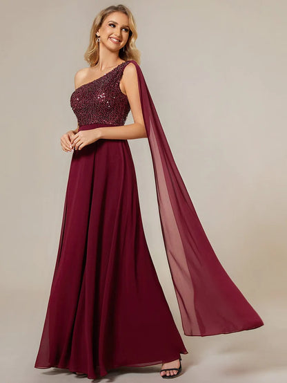 Wholesa Sleeveless Chiffon A-Line Shinny Sequin Bodice One Shoulder Evening Dress