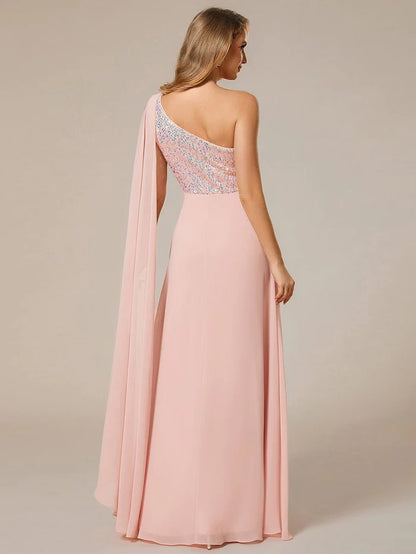 Wholesa Sleeveless Chiffon A-Line Shinny Sequin Bodice One Shoulder Evening Dress