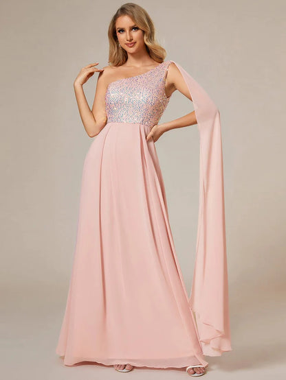 Wholesa Sleeveless Chiffon A-Line Shinny Sequin Bodice One Shoulder Evening Dress