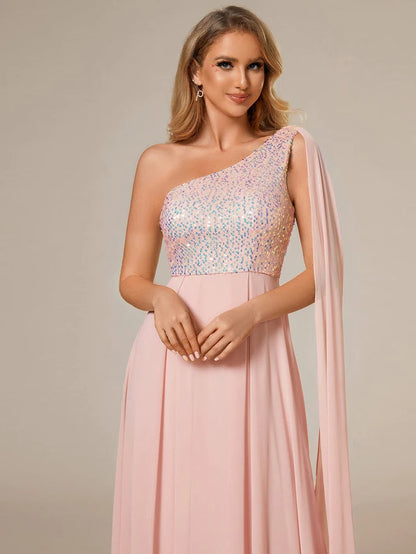 Wholesa Sleeveless Chiffon A-Line Shinny Sequin Bodice One Shoulder Evening Dress