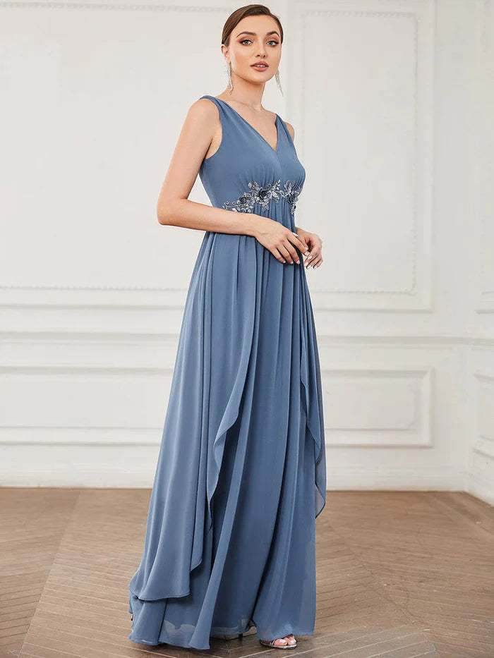 Wholesa V-Neck Sleeveless Chiffon Sequin Waist A-Line Evening Dress