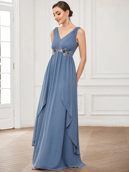 Wholesa V-Neck Sleeveless Chiffon Sequin Waist A-Line Evening Dress