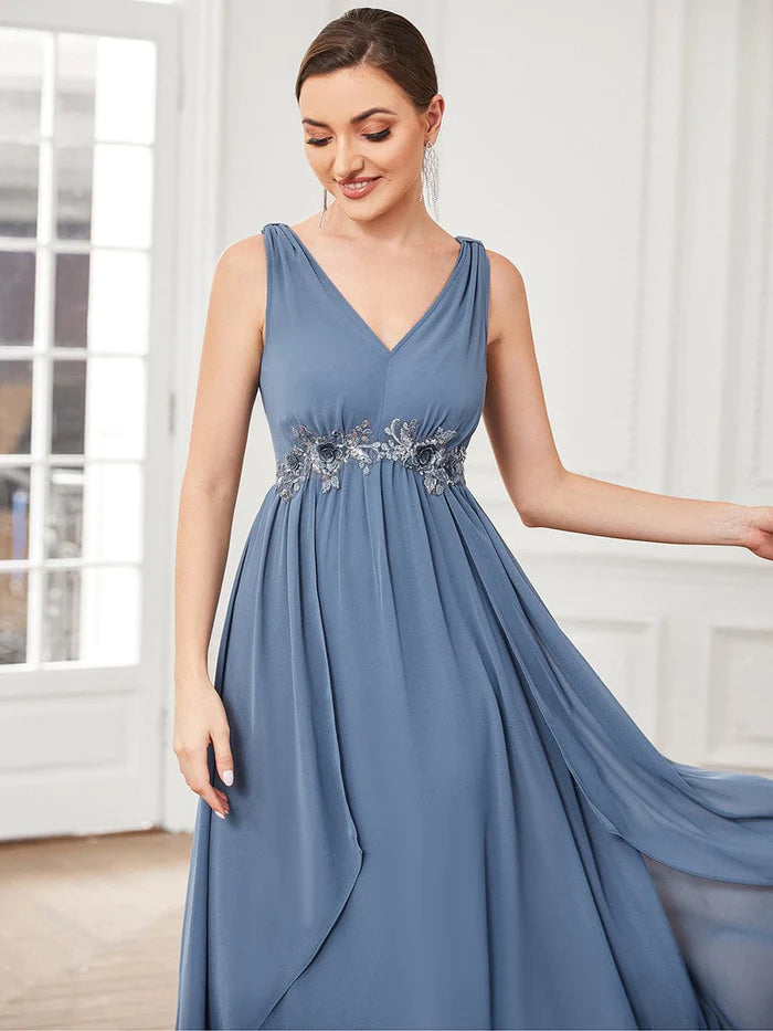 Wholesa V-Neck Sleeveless Chiffon Sequin Waist A-Line Evening Dress